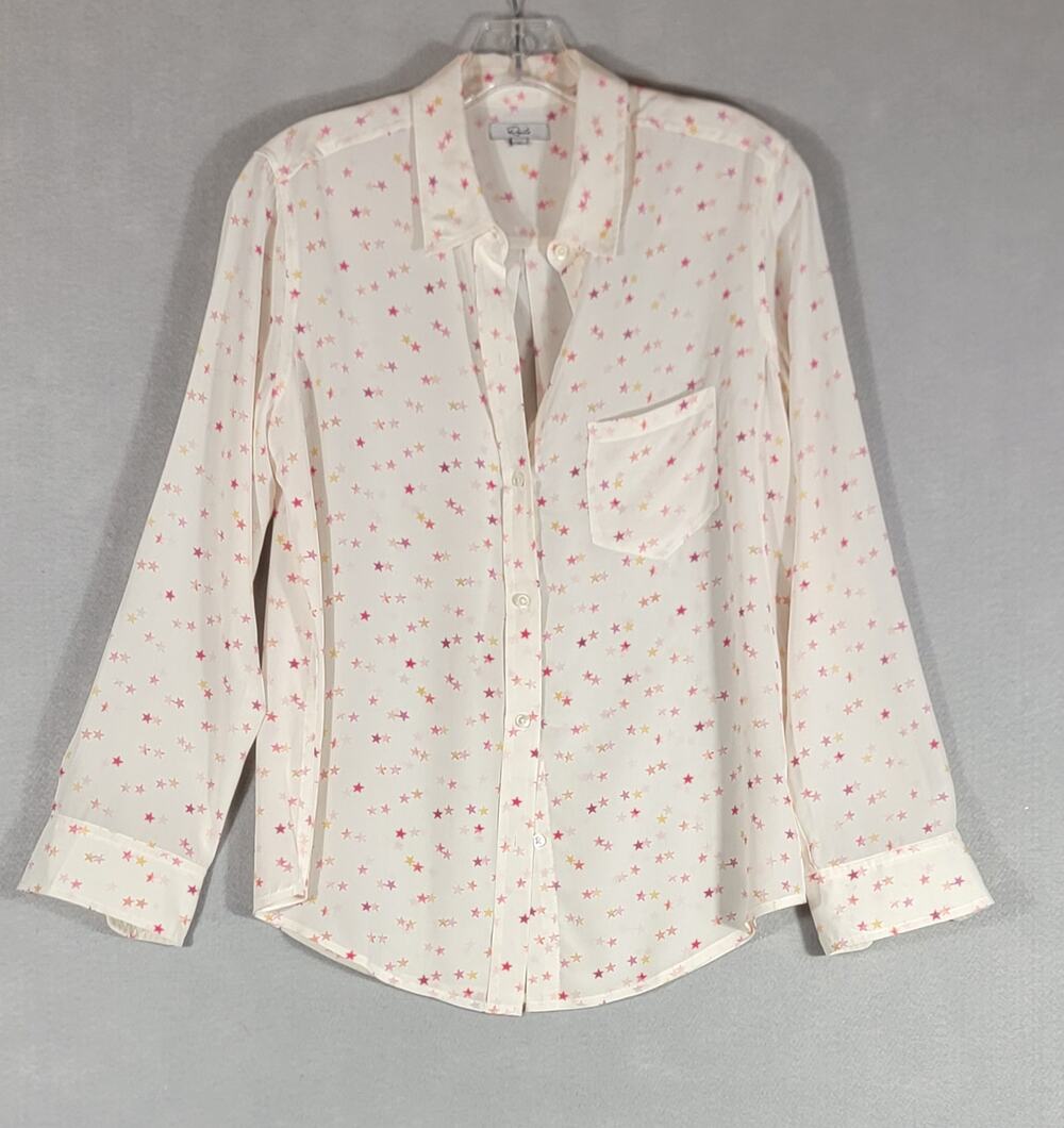 Rails Kate 100% Silk Star Print Button Front Shirt Etoiles Ivory Pink Small